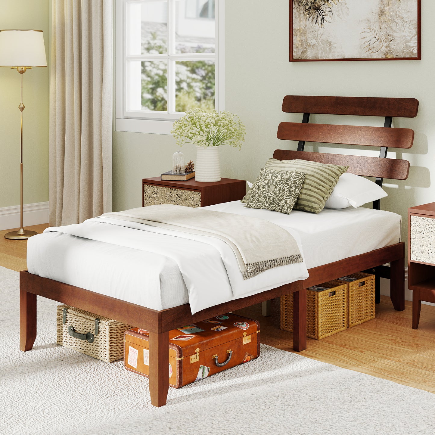 Twin Size Bed Frame 15.5 Inch Solid Wood Platform Bed with Retro Headboard