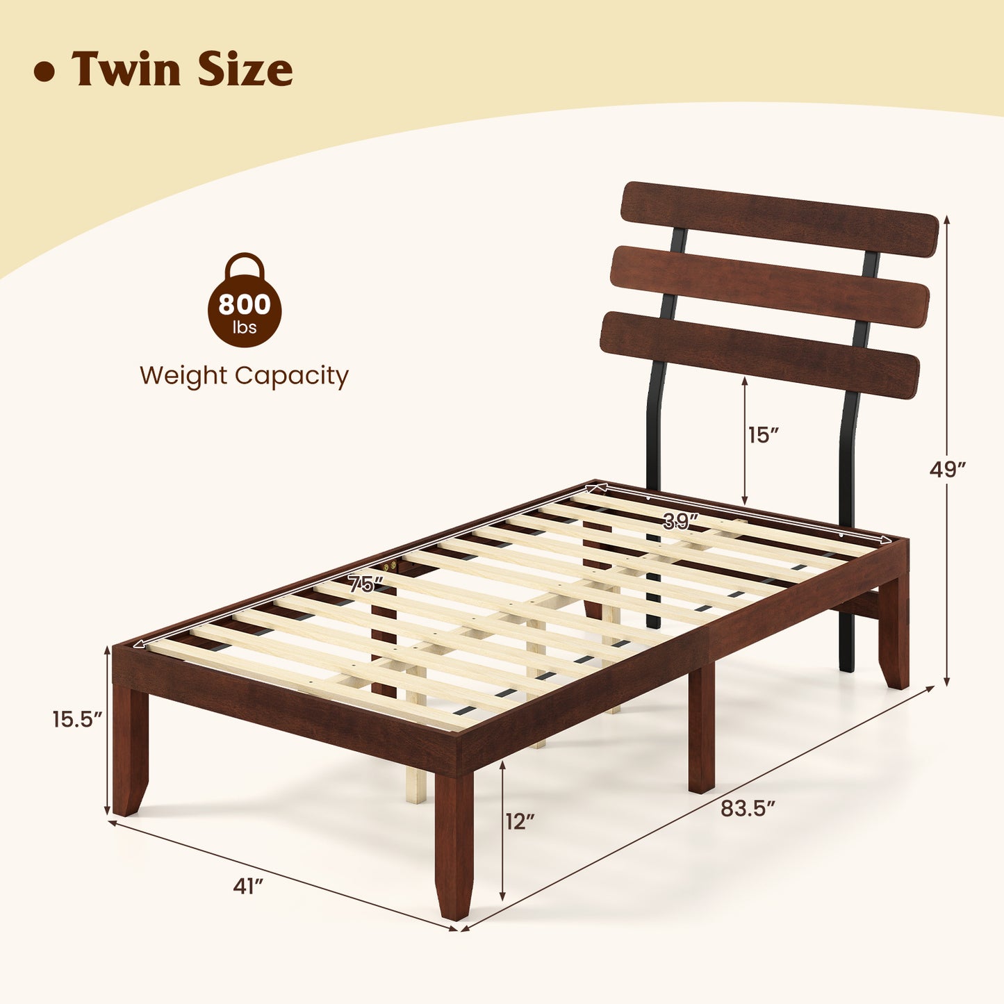 Twin Size Bed Frame 15.5 Inch Solid Wood Platform Bed with Retro Headboard