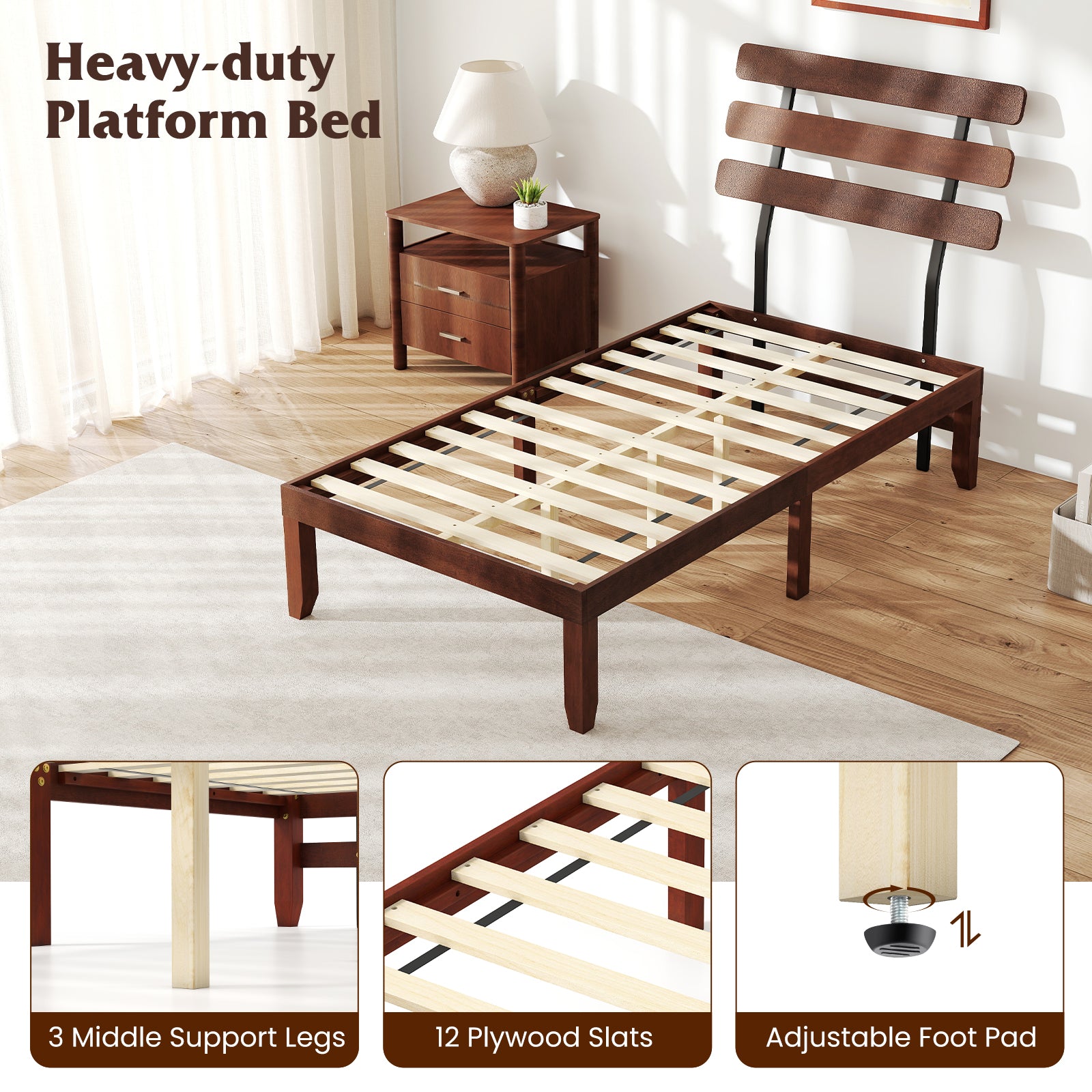 Twin Size Bed Frame 15.5 Inch Solid Wood Platform Bed with Retro Headboard