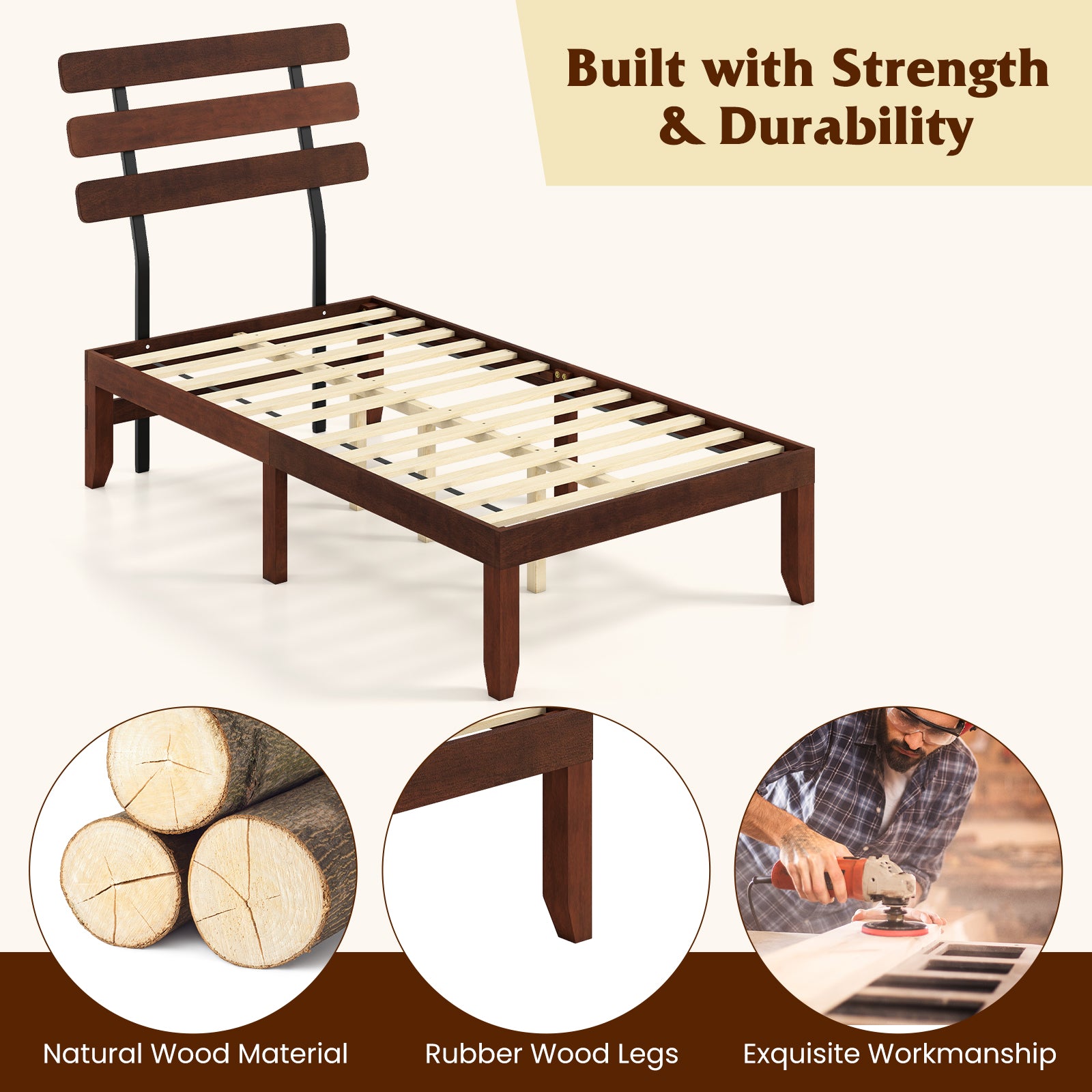 Twin Size Bed Frame 15.5 Inch Solid Wood Platform Bed with Retro Headboard
