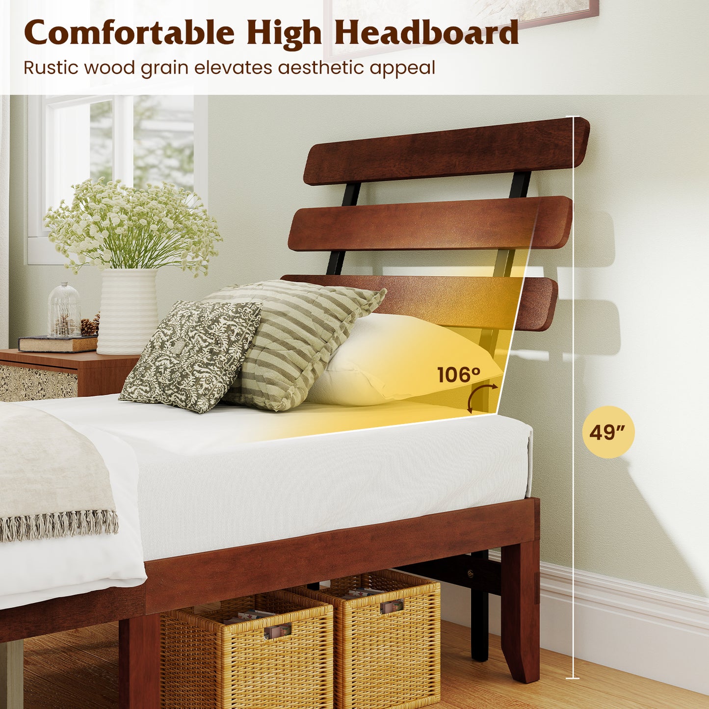 Twin Size Bed Frame 15.5 Inch Solid Wood Platform Bed with Retro Headboard