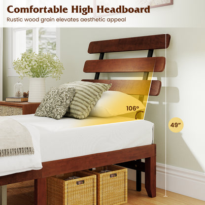 Twin Size Bed Frame 15.5 Inch Solid Wood Platform Bed with Retro Headboard