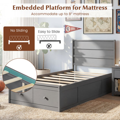 Twin Size Bed Frame with Storage Drawers and Headboard-Gray