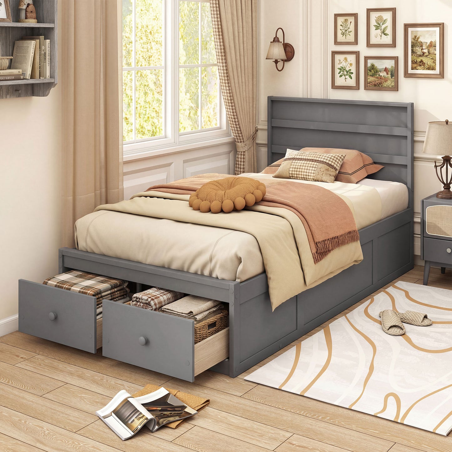 Twin Size Bed Frame with Storage Drawers and Headboard-Gray