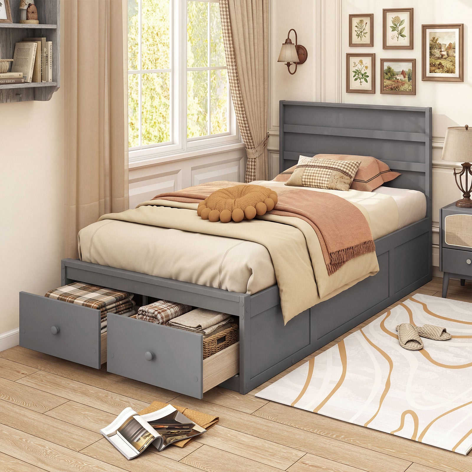 Twin Size Bed Frame with Storage Drawers and Headboard-Gray