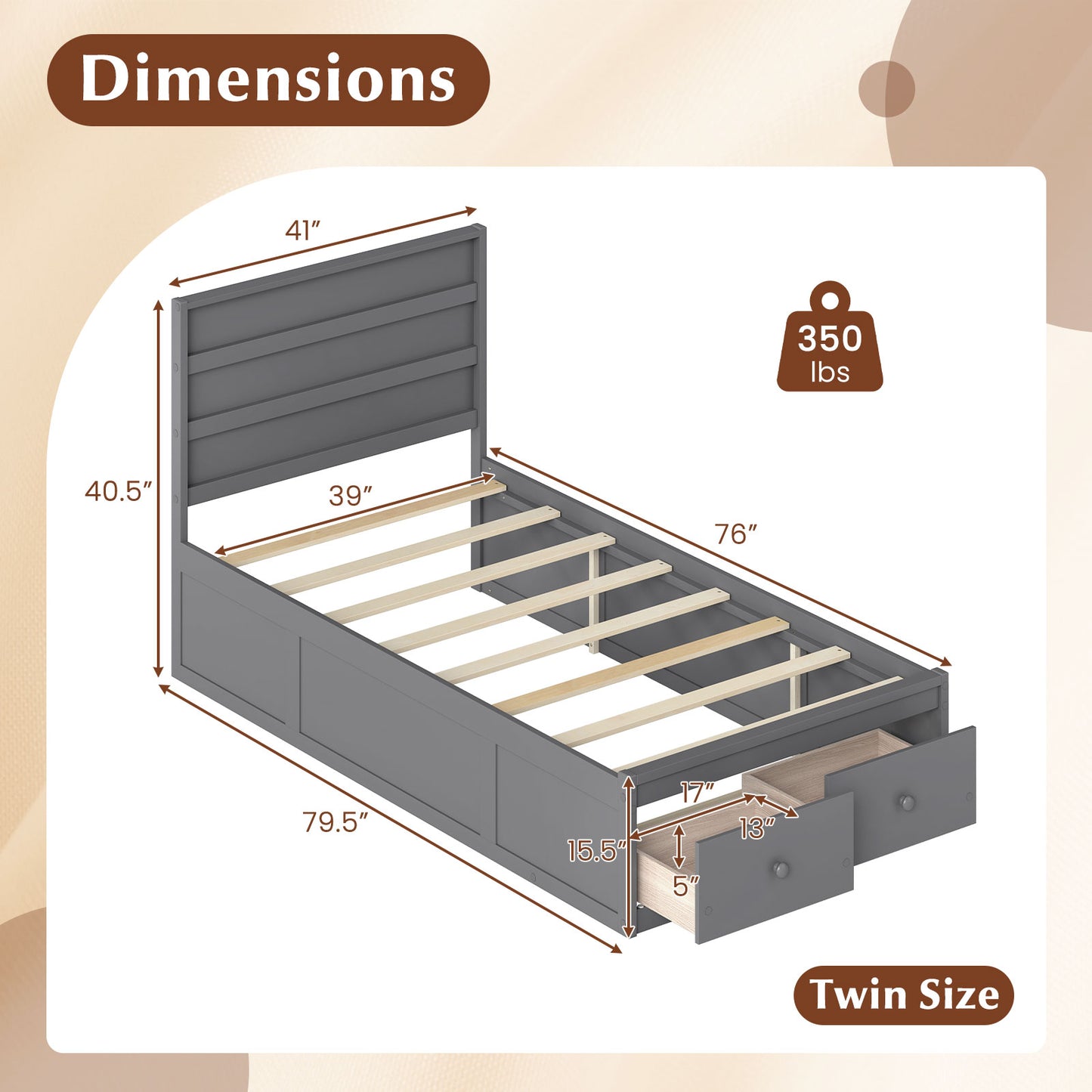 Twin Size Bed Frame with Storage Drawers and Headboard-Gray
