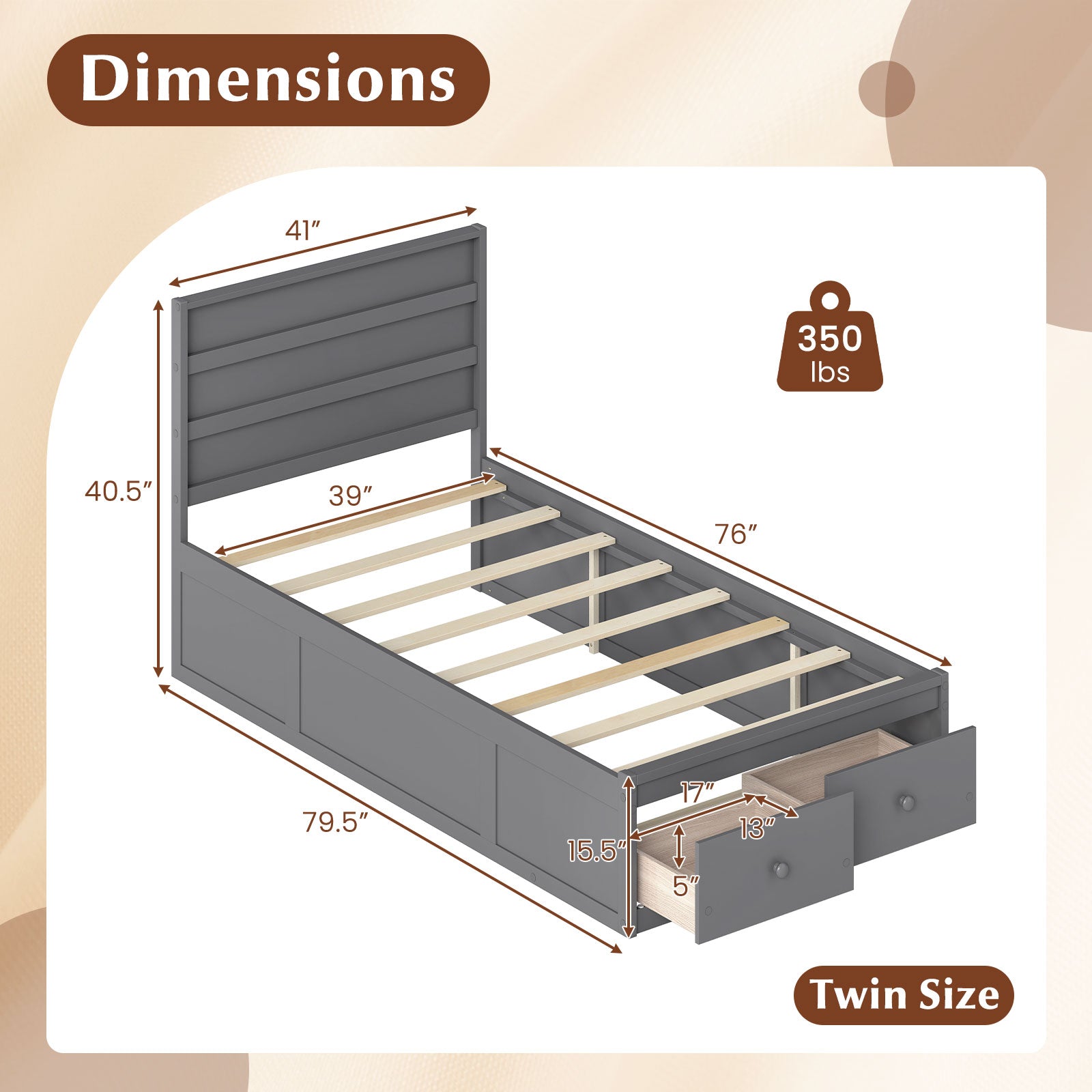 Twin Size Bed Frame with Storage Drawers and Headboard-Gray