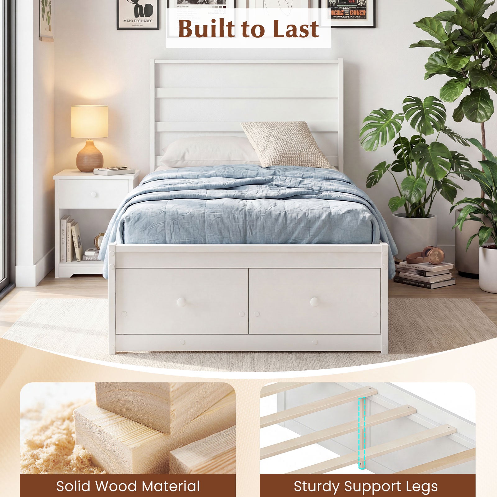 Twin Size Bed Frame with Storage Drawers and Headboard-White