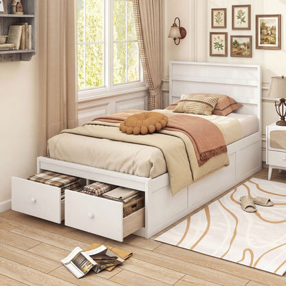 Twin Size Bed Frame with Storage Drawers and Headboard-White