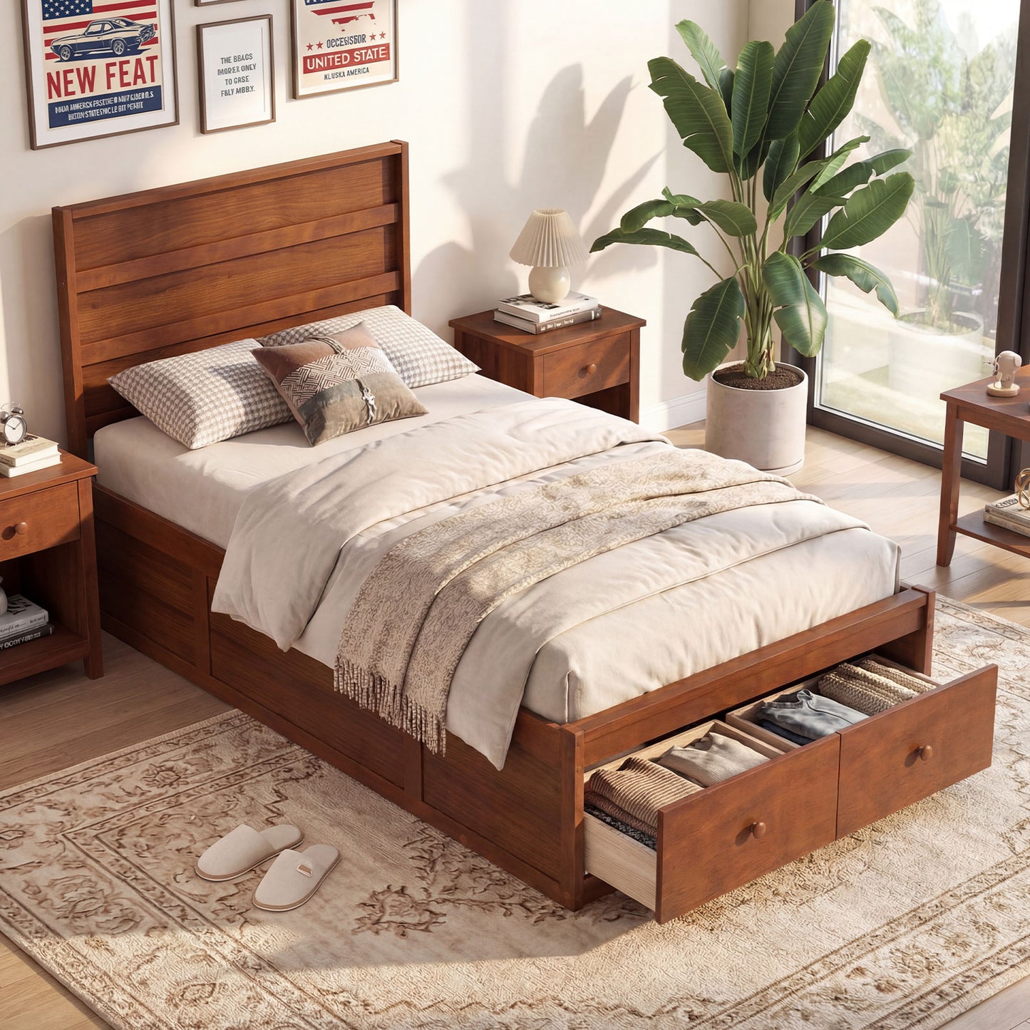 Twin Size Bed Frame with Storage Drawers and Headboard-Walnut