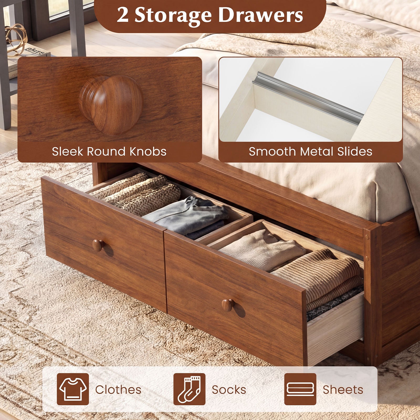 Twin Size Bed Frame with Storage Drawers and Headboard-Walnut
