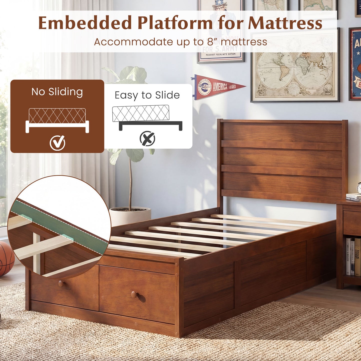 Twin Size Bed Frame with Storage Drawers and Headboard-Walnut