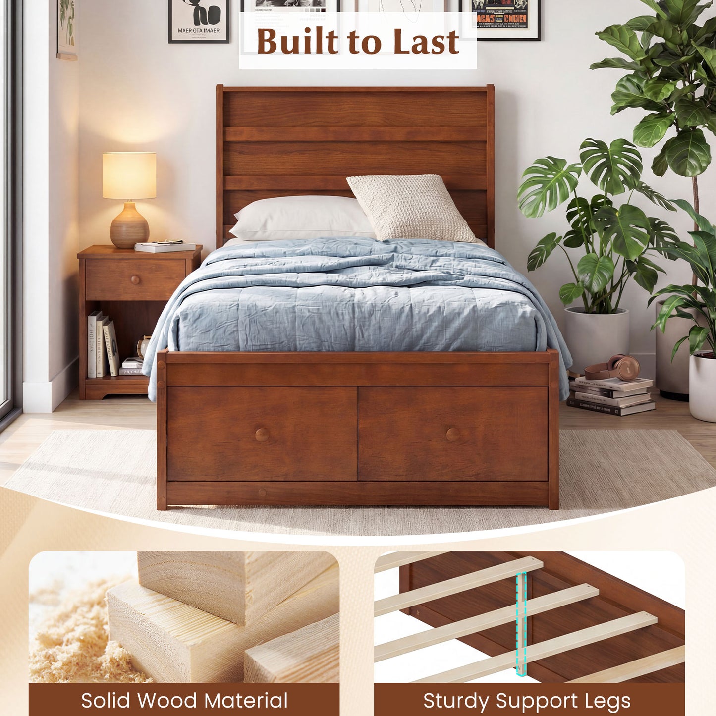 Twin Size Bed Frame with Storage Drawers and Headboard-Walnut