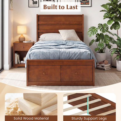 Twin Size Bed Frame with Storage Drawers and Headboard-Walnut