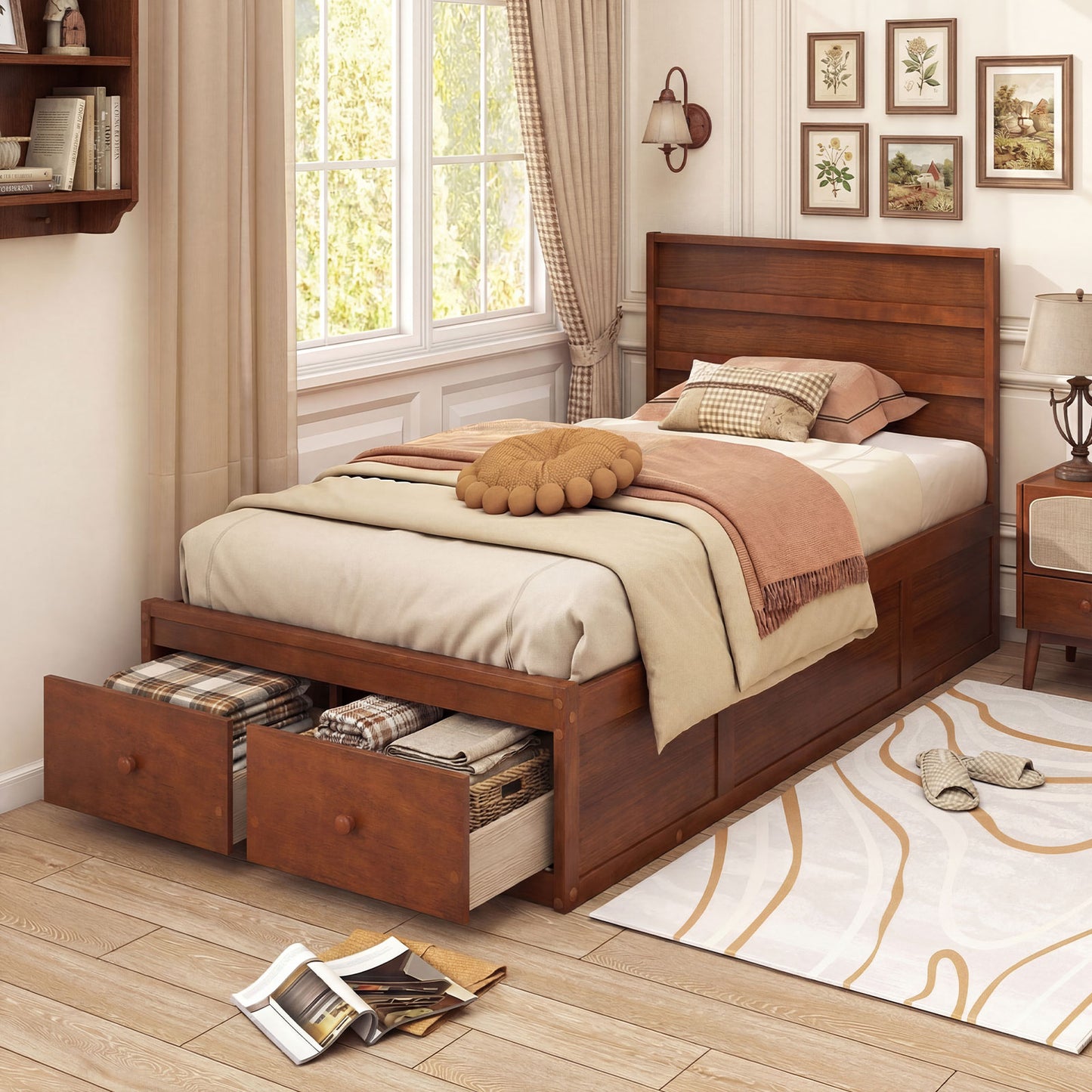 Twin Size Bed Frame with Storage Drawers and Headboard-Walnut