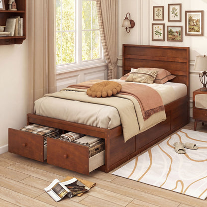 Twin Size Bed Frame with Storage Drawers and Headboard-Walnut
