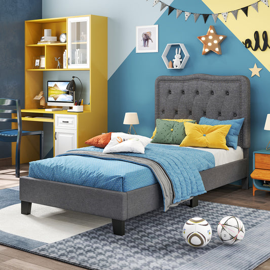 Twin Size Bed Frame with 46 Inch Tall Button Tufted Headboard-Gray