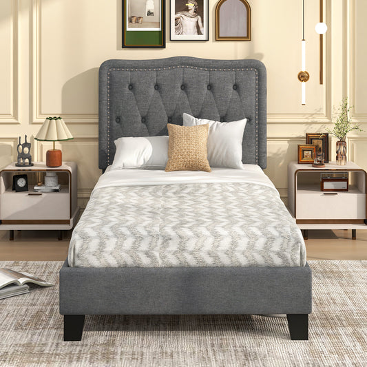 Twin Size Bed Frame with 46 Inch Tall Button Tufted Headboard-Gray