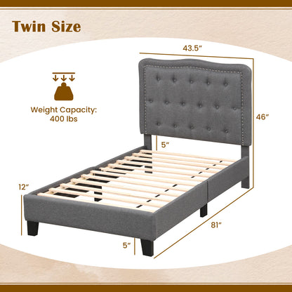Twin Size Bed Frame with 46 Inch Tall Button Tufted Headboard-Gray