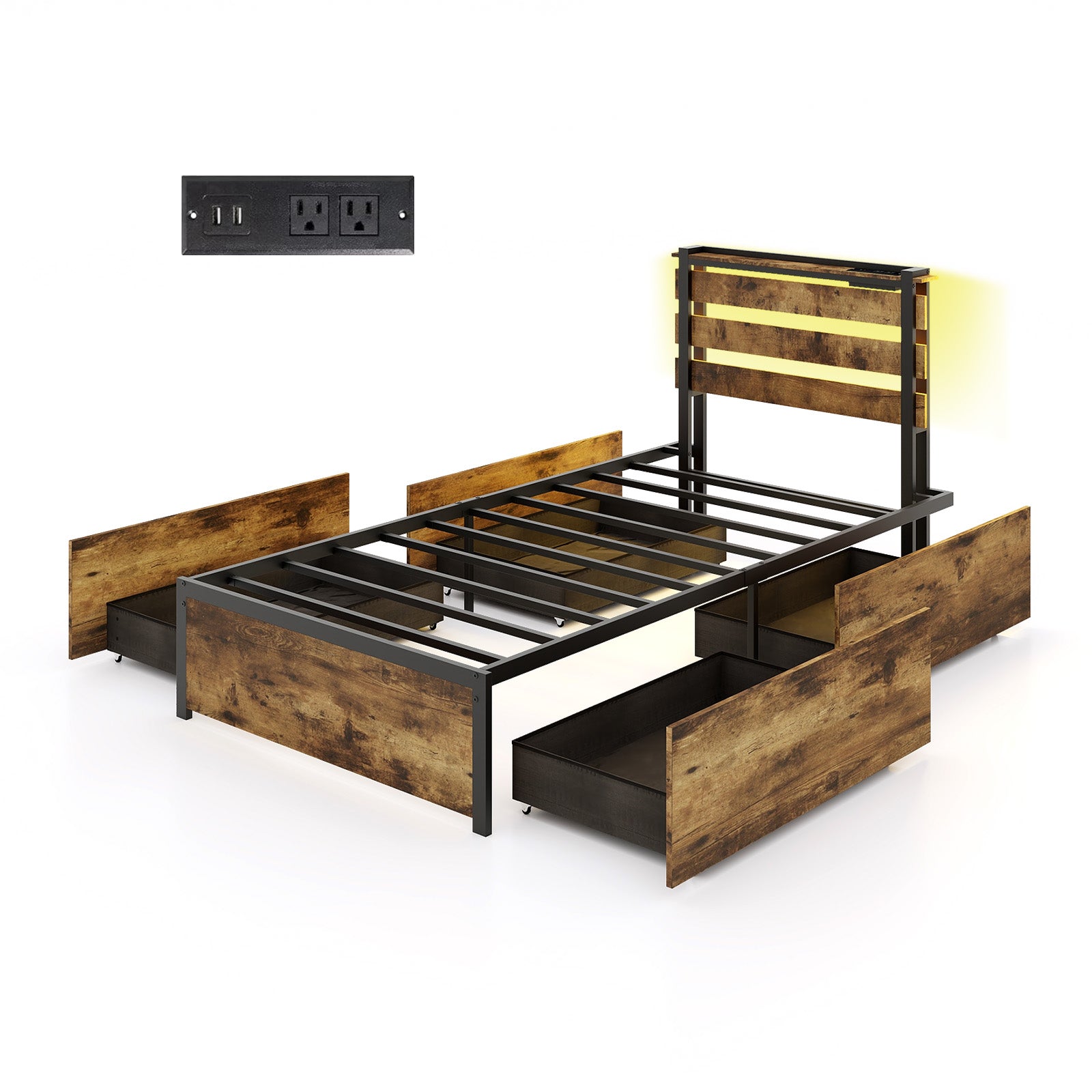 Full/Queen/Twin Size Bed Frame with Drawers LED Lights and USB Ports-Twin Size - Twin Size