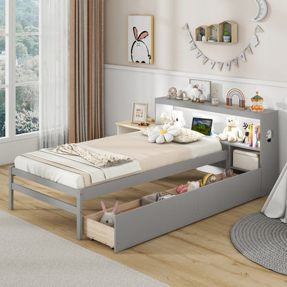Twin Size Bed Frame with LED Light and Bookcase Headboard