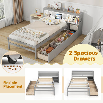 Twin Size Bed Frame with LED Light and Bookcase Headboard