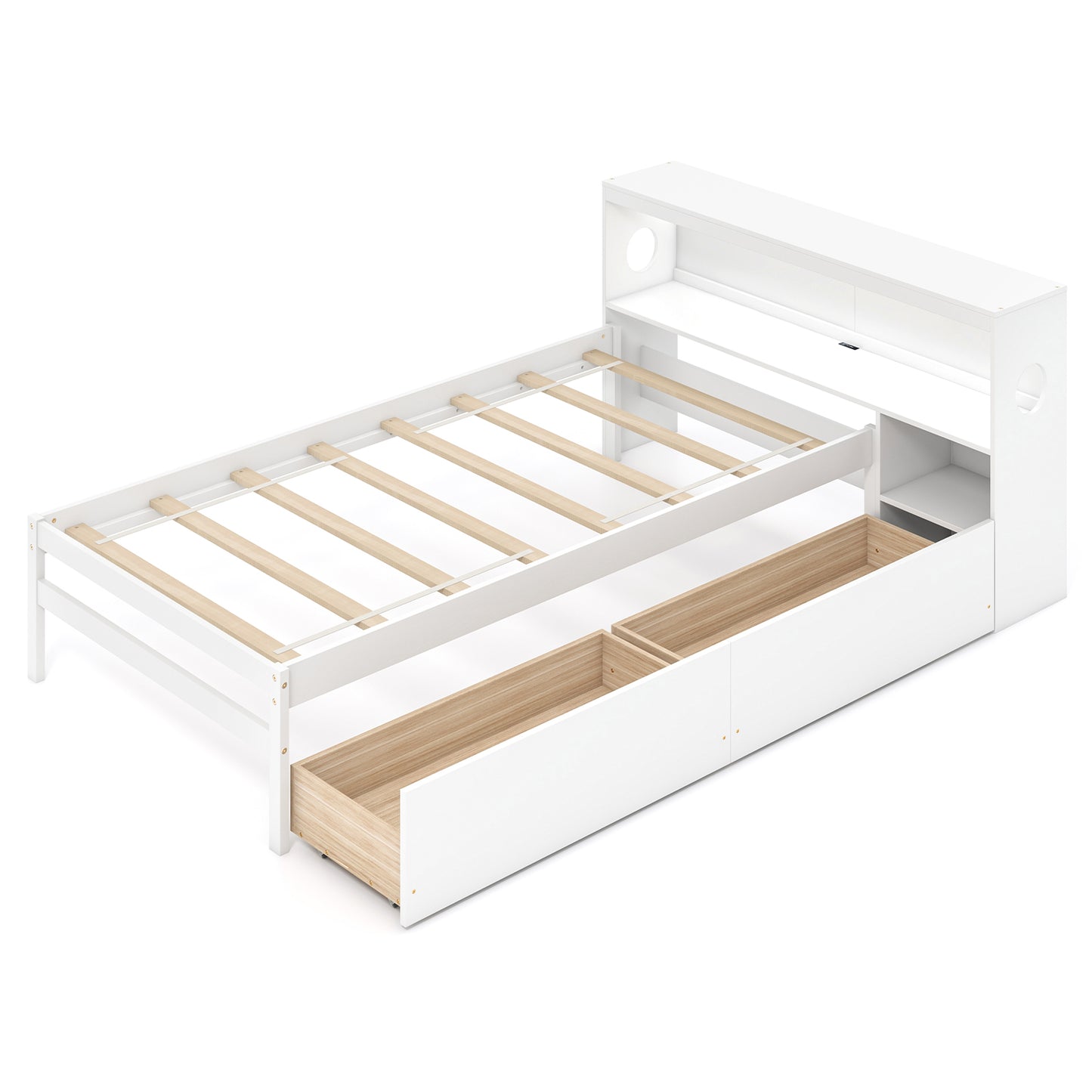 Twin Size Bed Frame with LED Light and Bookcase Headboard-White - White