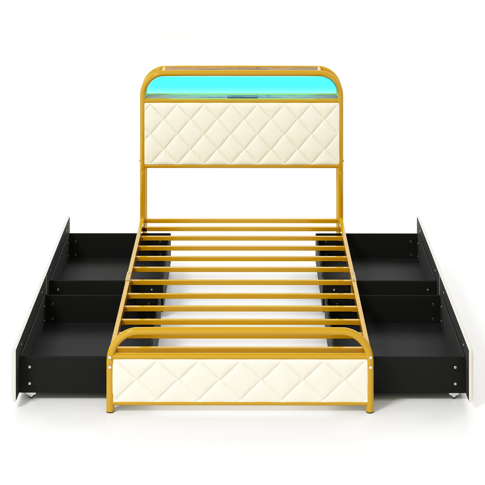 Twin/Full/Queen Size Bed Frame with LED Lights and Charging Station Gold-Full Size - Twin Size