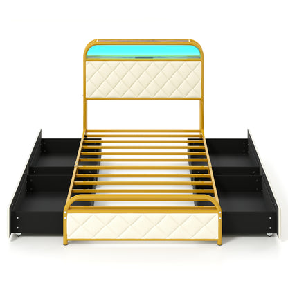 Twin/Full/Queen Size Bed Frame with LED Lights and Charging Station Gold-Full Size - Twin Size