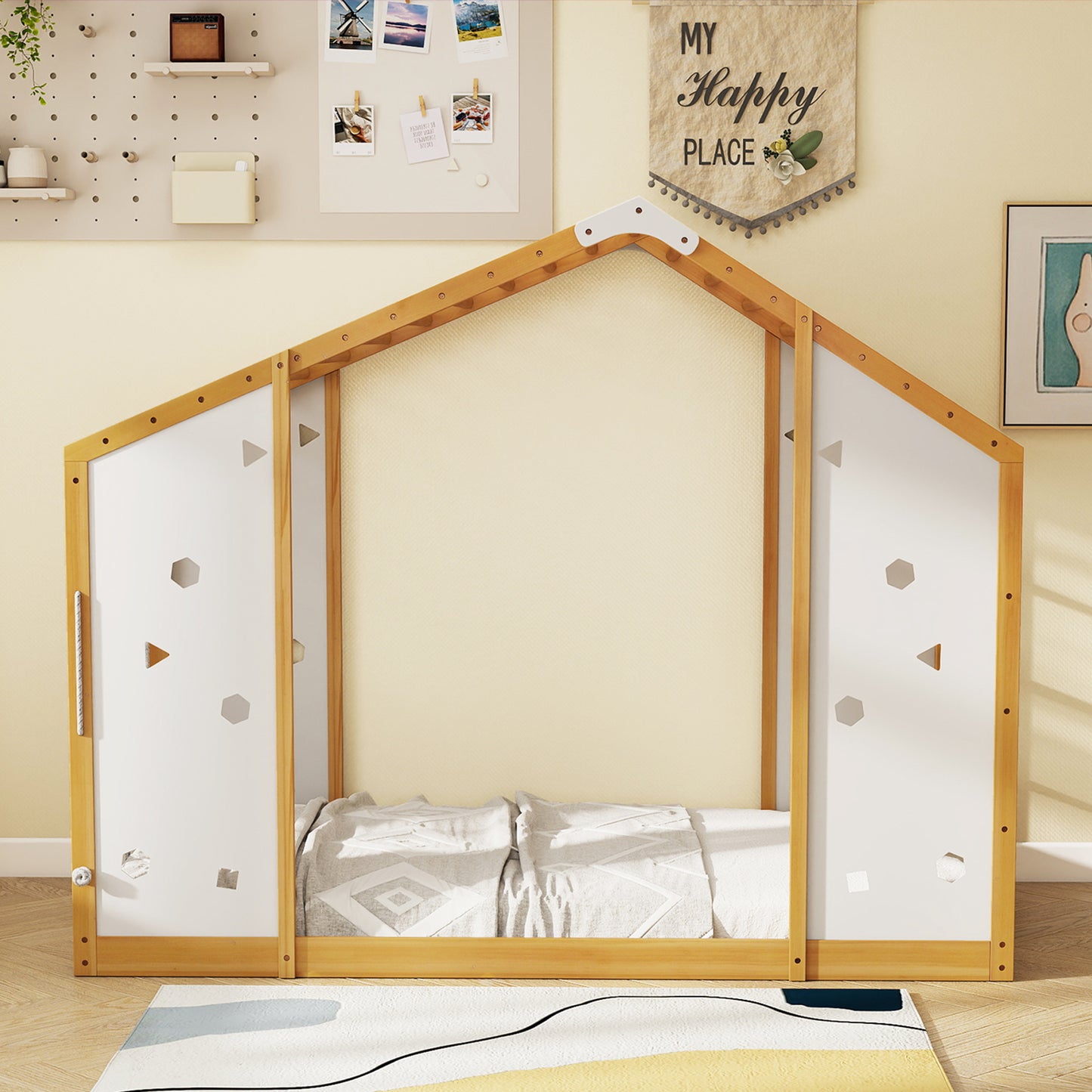 Twin Size Climbing Bed 2-in-1 Montessori Floor Bed with Monkey Bars-Natural and White