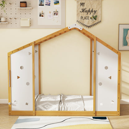 Twin Size Climbing Bed 2-in-1 Montessori Floor Bed with Monkey Bars-Natural and White