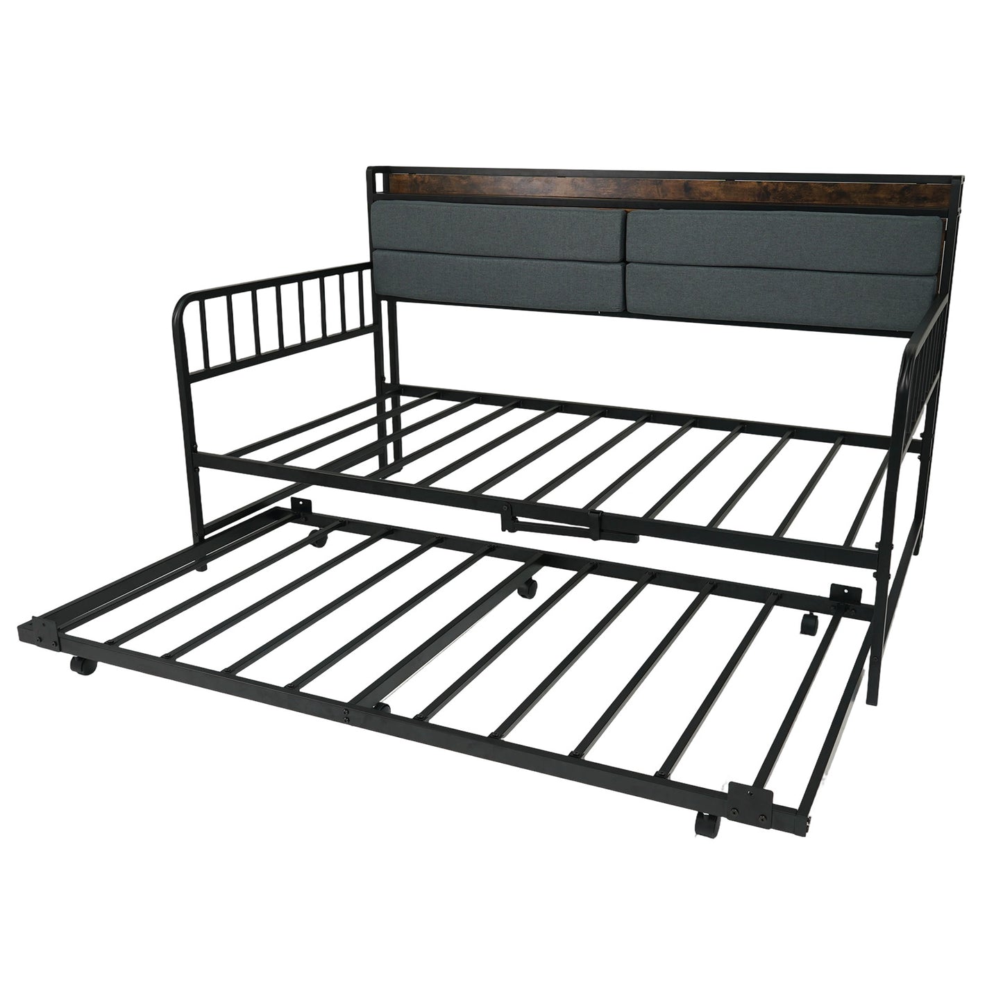 Twin Size Daybed with Trundle and Metal Bed Frame with Headboard-Rustic Brown