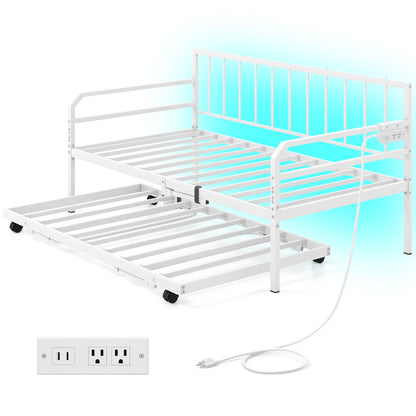 Adjustable Metal Twin Size Daybed with Charging Station and LED Light-White - White