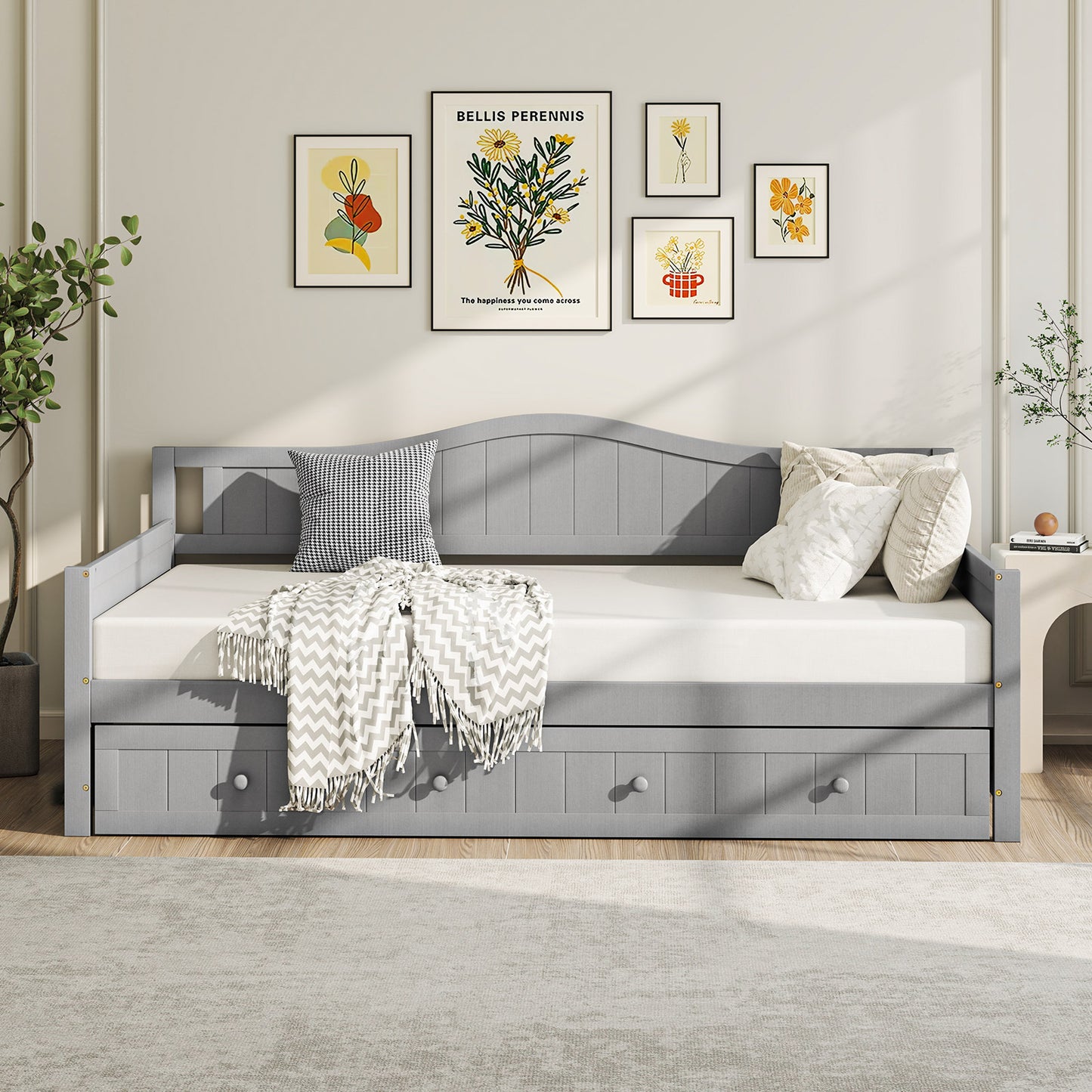 Twin Size Daybed with Trundle and Slats Support on Wheels