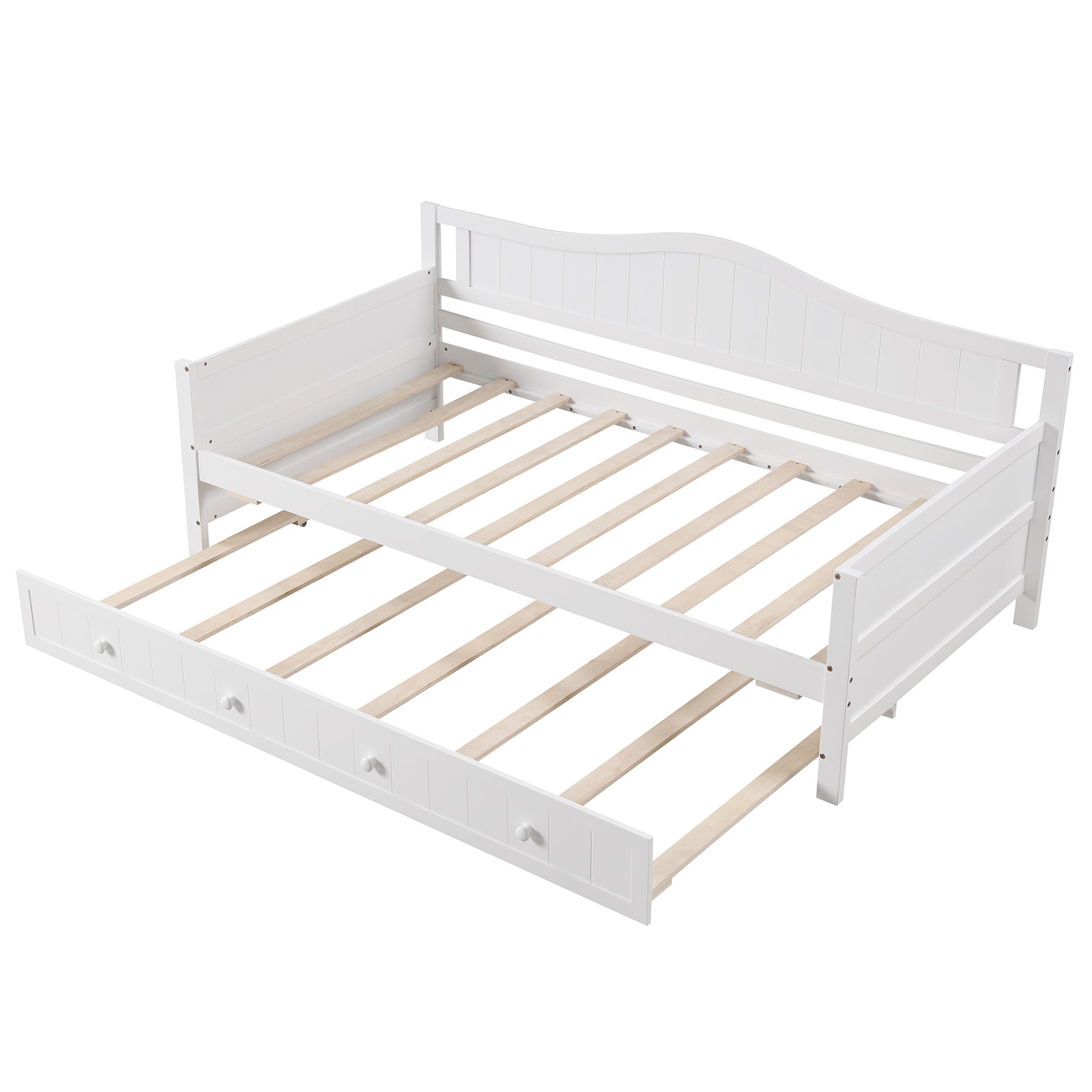 Twin Size Daybed with Trundle and Slats Support on Wheels-White - White