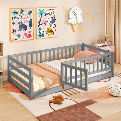 Twin Size Floor Bed with High Fence and Door Playhouse for Kids