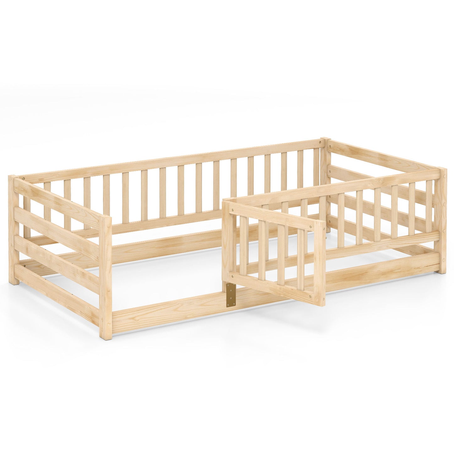 Twin Size Floor Bed with High Fence and Door Playhouse for Kids-Natural - Natural