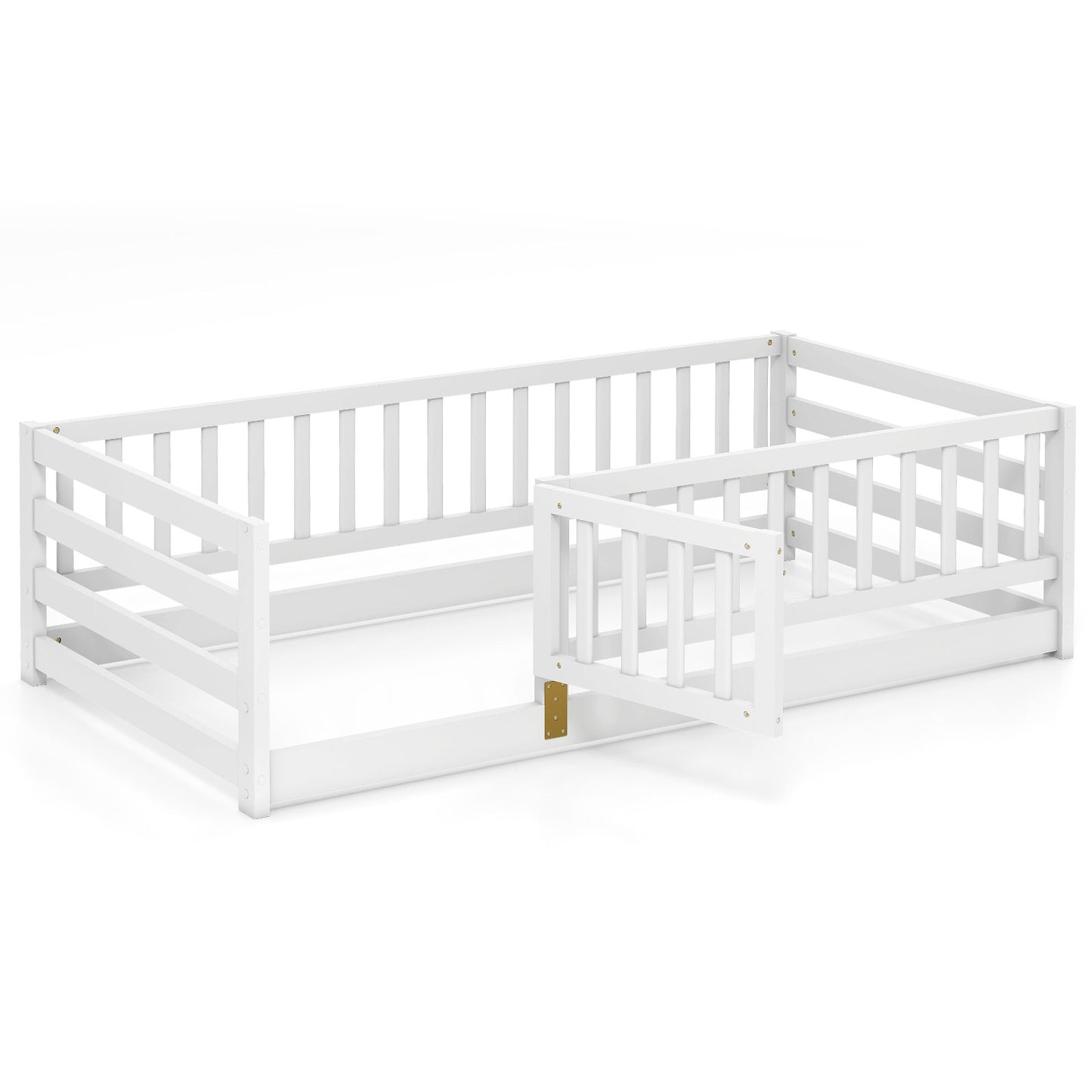 Twin Size Floor Bed with High Fence and Door Playhouse for Kids-Natural - White