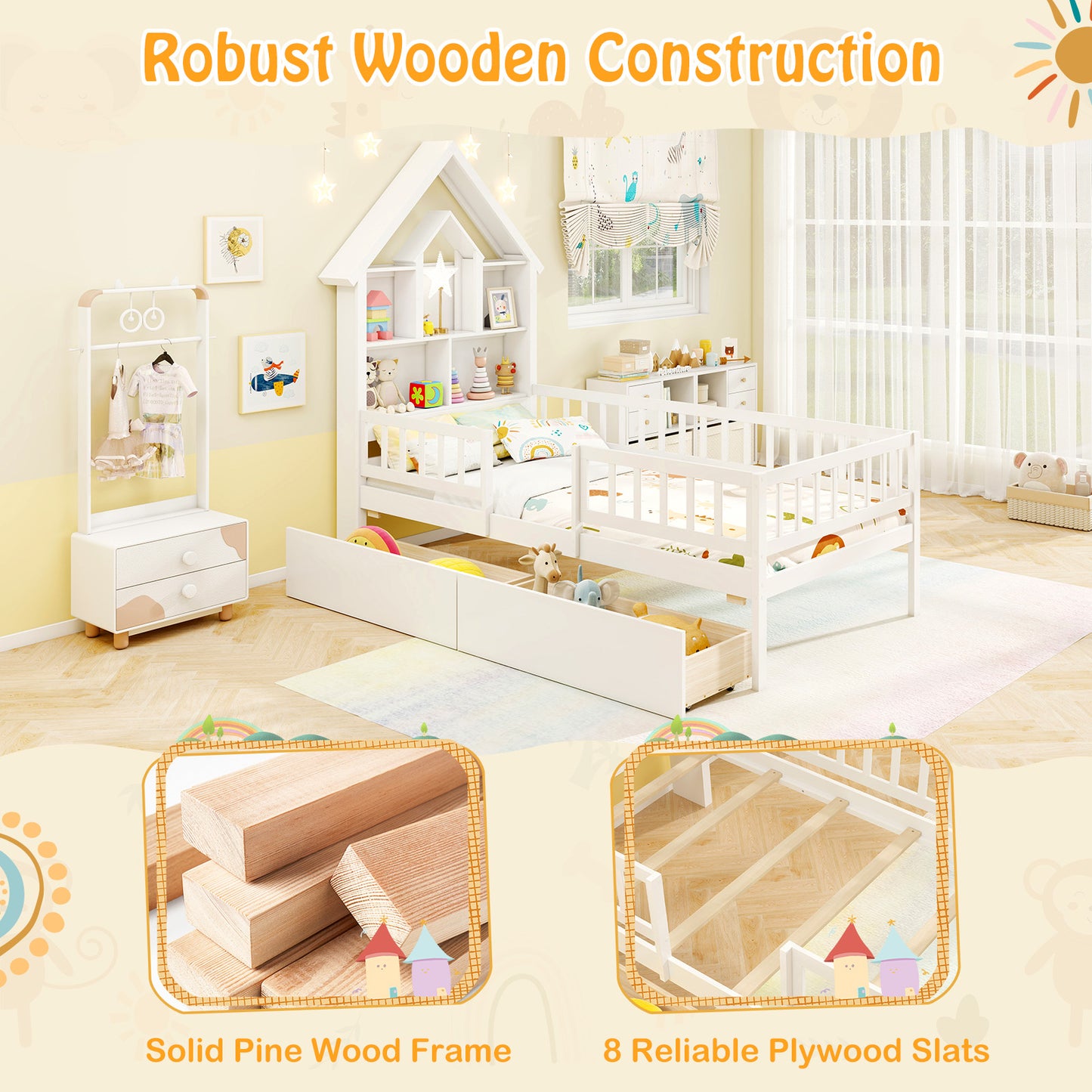 Twin Size House Bed Kids Montessori Bed with House-Shaped Storage Headboard-White