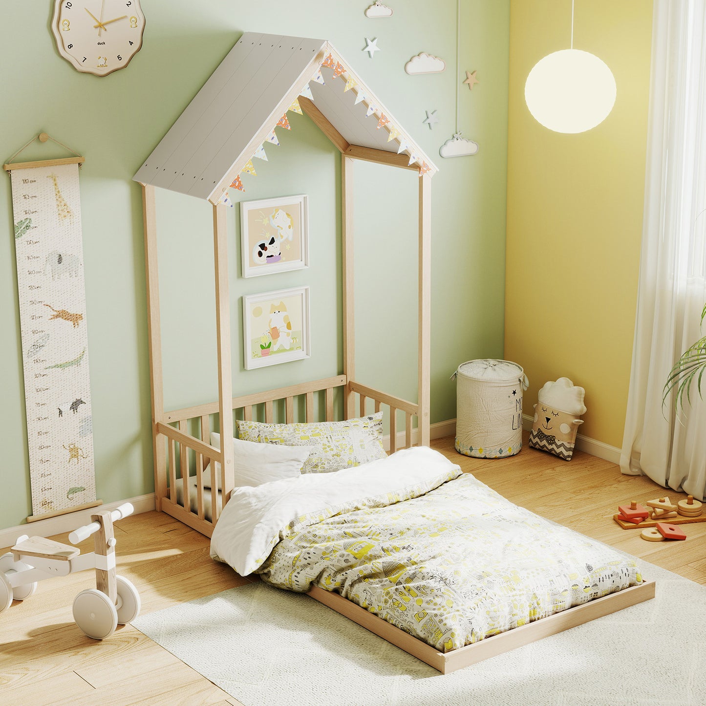 Twin Size House Bed with House Shape Roof and Semi-Fence-Natural