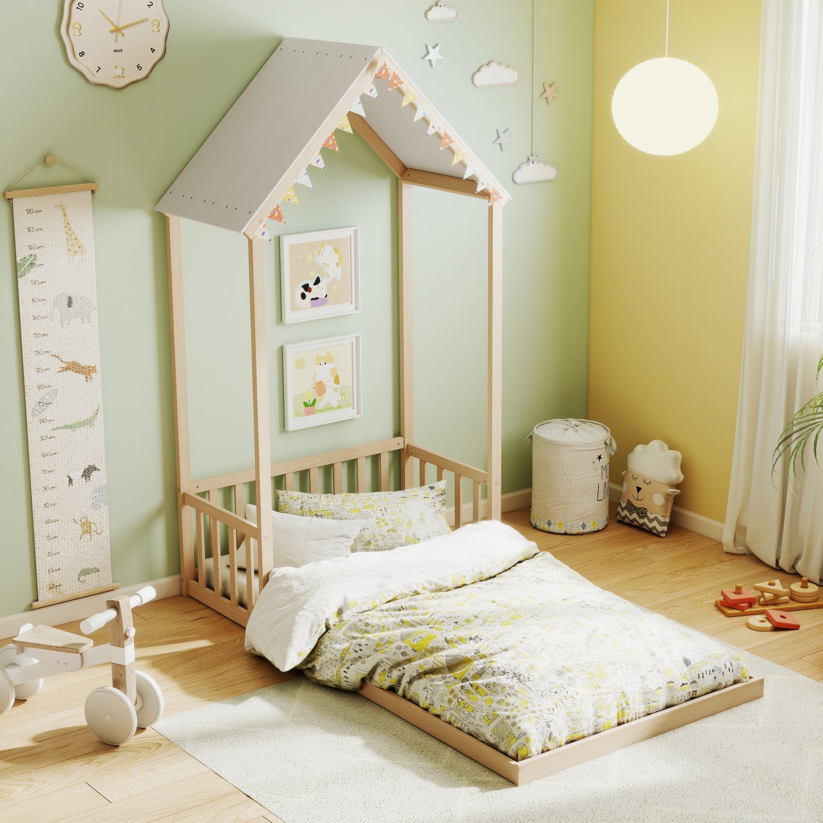 Twin Size House Bed with House Shape Roof and Semi-Fence-Natural