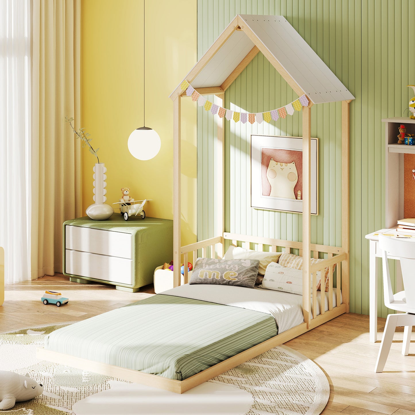 Twin Size House Bed with House Shape Roof and Semi-Fence-Natural