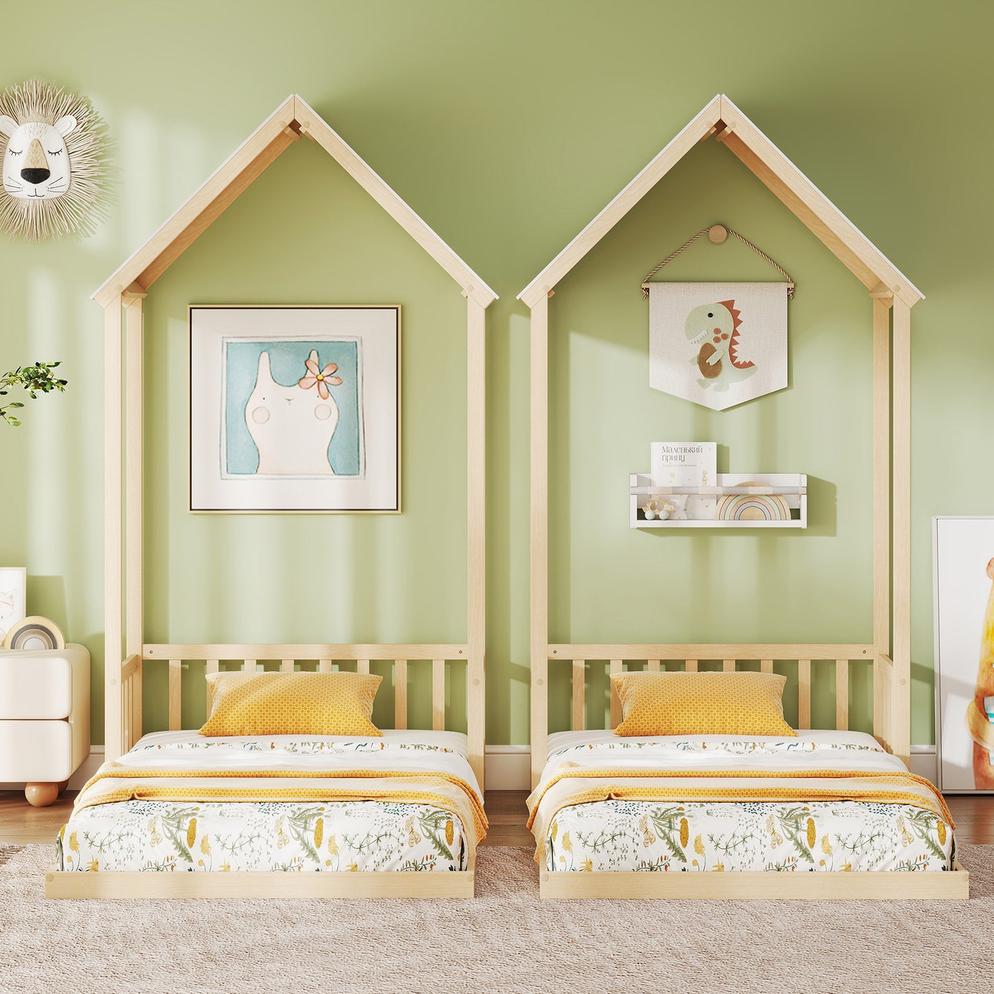 Twin Size House Bed with House Shape Roof and Semi-Fence-Natural