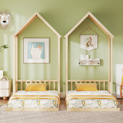 Twin Size House Bed with House Shape Roof and Semi-Fence-Natural