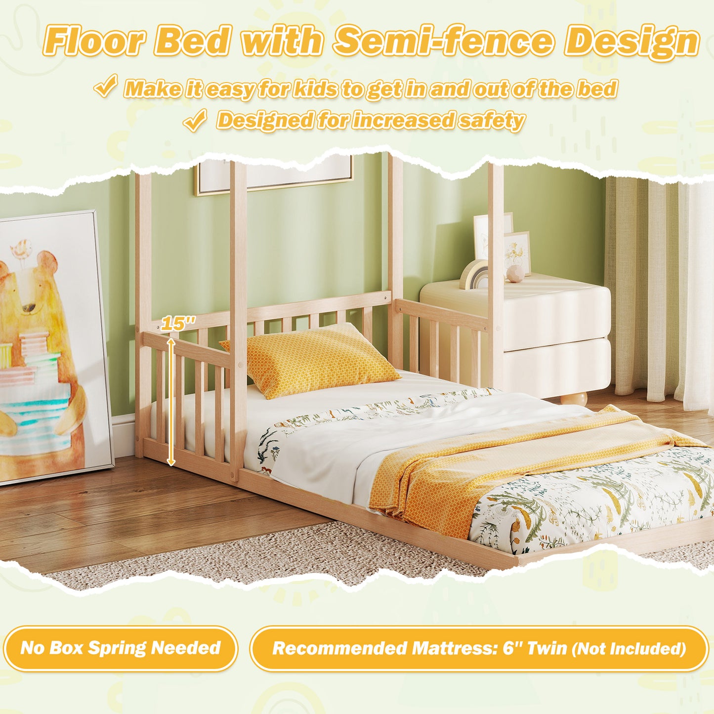 Twin Size House Bed with House Shape Roof and Semi-Fence-Natural