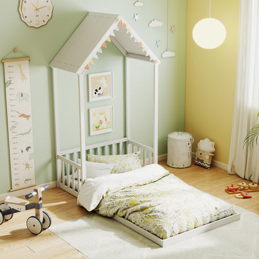 Twin Size House Bed with House Shape Roof and Semi-Fence-White