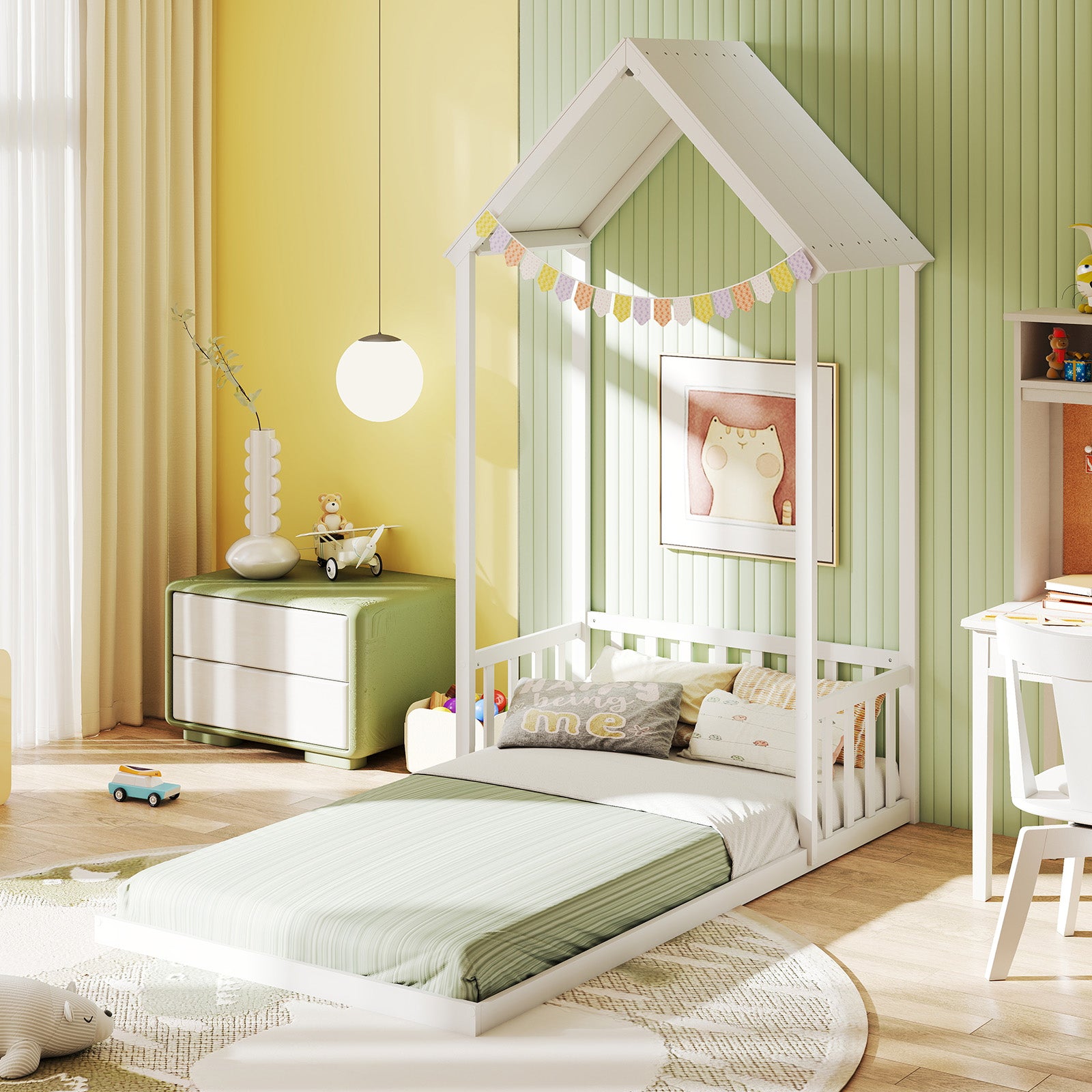 Twin Size House Bed with House Shape Roof and Semi-Fence-White