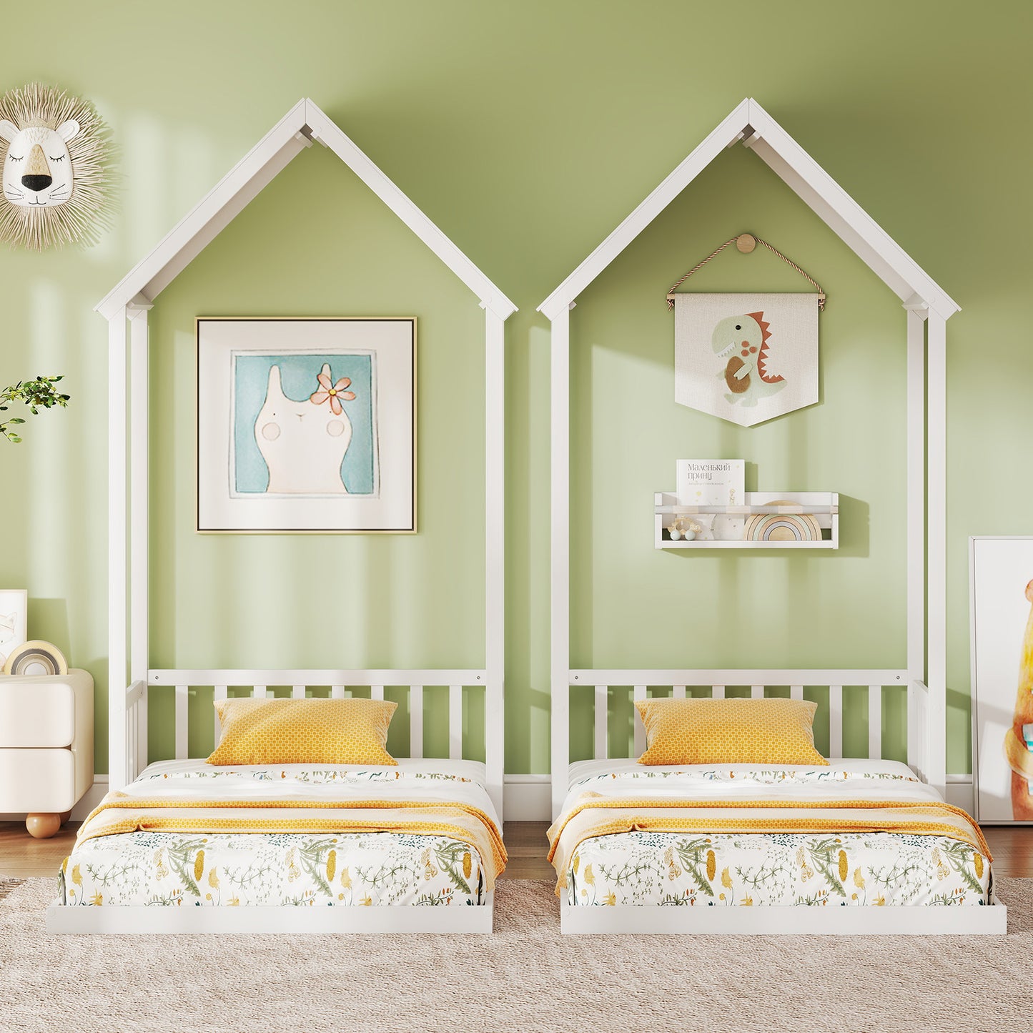 Twin Size House Bed with House Shape Roof and Semi-Fence-White