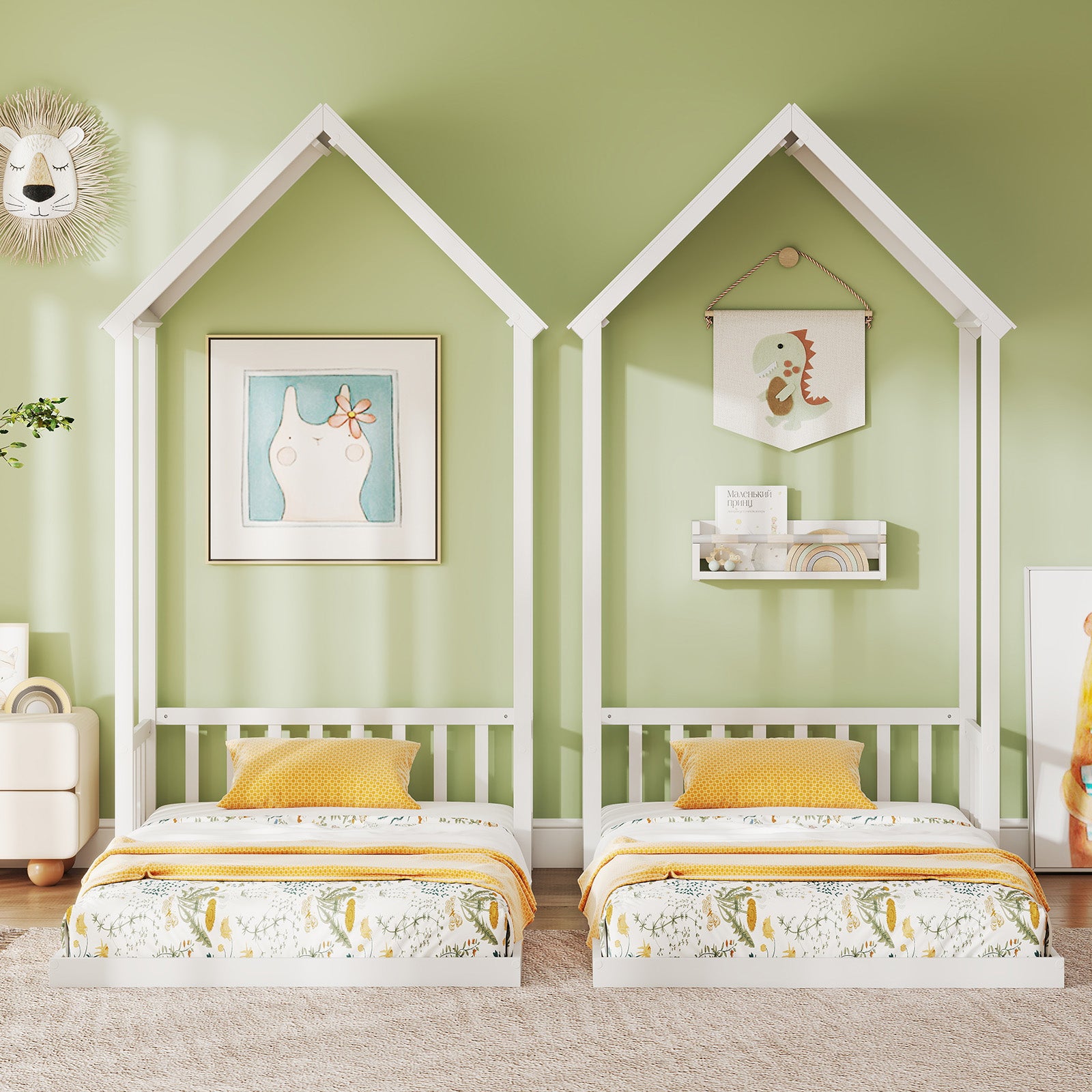 Twin Size House Bed with House Shape Roof and Semi-Fence-White
