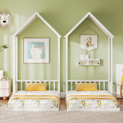 Twin Size House Bed with House Shape Roof and Semi-Fence-White